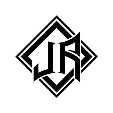 Beyaz arkaplan şablonu üzerinde kare siyah ana hatlı soyut kalkan şekilli JA Letter logosu