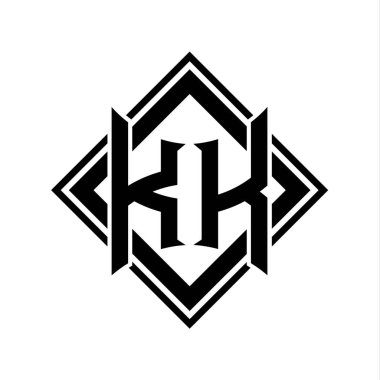 KK Harf logosu, beyaz arkaplan şablonu üzerinde kare siyah ana hatlı soyut kalkan şekline sahip