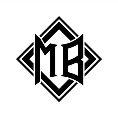 Beyaz arkaplan şablonu üzerinde kare siyah ana hatlı soyut kalkan şekilli MB Harf logosu