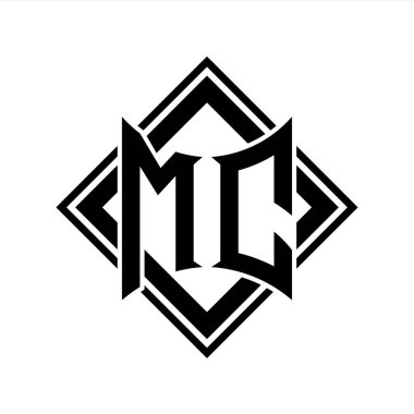 Beyaz arkaplan şablonu üzerinde kare siyah ana hatlı soyut kalkan şekilli MC Harf logosu