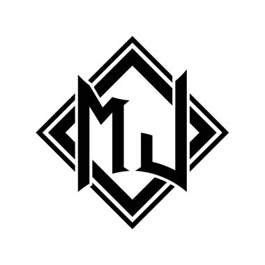 Beyaz arkaplan şablonu üzerinde kare siyah ana hatlı soyut kalkan şekilli MJ Harf logosu
