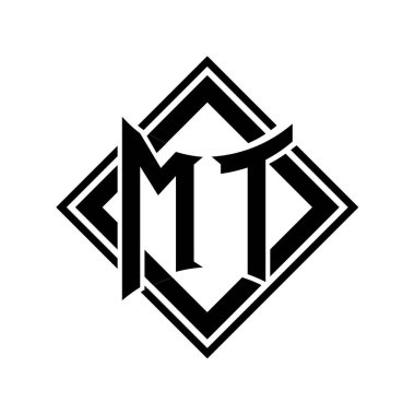 Beyaz arkaplan şablonu üzerinde kare siyah ana hatlı soyut kalkan şekilli MT Letter logosu