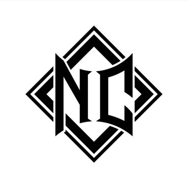 Beyaz arkaplan şablonu üzerinde kare siyah ana hatlı soyut kalkan şekilli NC Harf logosu