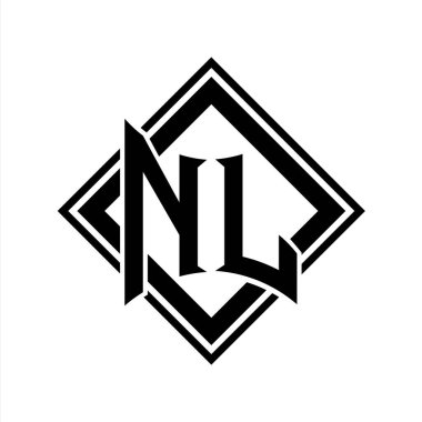 Beyaz arkaplan şablonu üzerinde kare siyah ana hatlı soyut kalkan şekilli NL Harf logosu