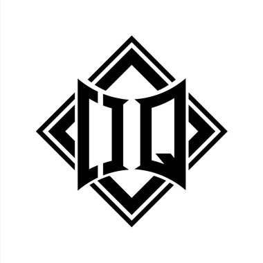 Beyaz arkaplan şablonu üzerinde kare siyah ana hatlı soyut kalkan şekilli OQ Harfi logosu