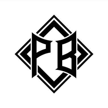 Beyaz arkaplan şablonu üzerinde kare siyah ana hatlı soyut kalkan şekilli PB Harf logosu