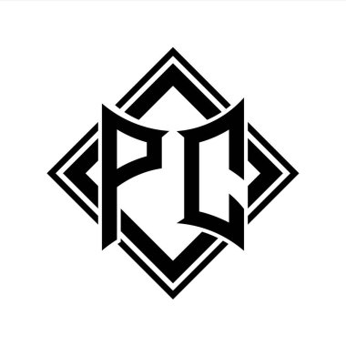 Beyaz arkaplan şablonu üzerinde kare siyah ana hatlı soyut kalkan şekilli PC Harf logosu
