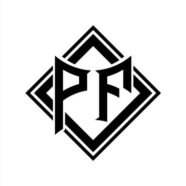 Beyaz arkaplan şablonu üzerinde kare siyah ana hatlı soyut kalkan şekilli PF Harf logosu