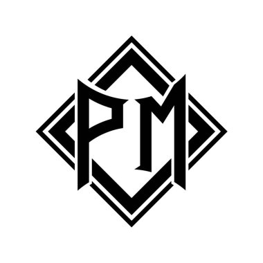 Beyaz arkaplan şablonu üzerinde kare siyah ana hatlı soyut kalkan şekilli PM Harfi logosu