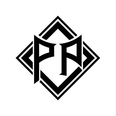 Beyaz arkaplan şablonu üzerinde kare siyah ana hatlı soyut kalkan şekilli PP Harf logosu