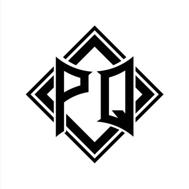 Beyaz arkaplan şablonu üzerinde kare siyah ana hatlı soyut kalkan şekilli PQ Harfi logosu