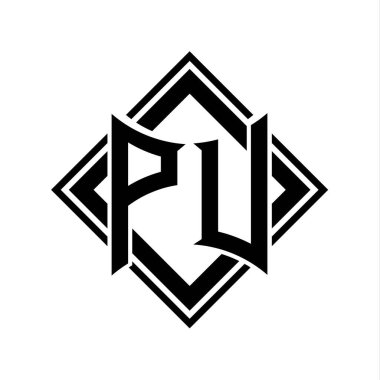 Beyaz arkaplan şablonu üzerinde kare siyah ana hatlı soyut kalkan şekilli PU Letter logosu