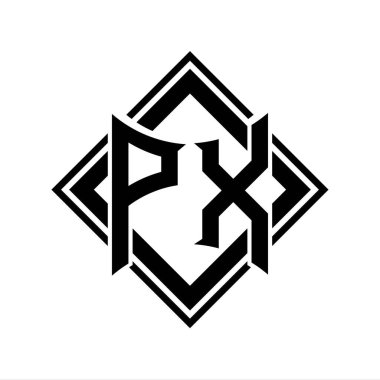 Beyaz arkaplan şablonu üzerinde kare siyah ana hatlı soyut kalkan şekilli PX Harf logosu