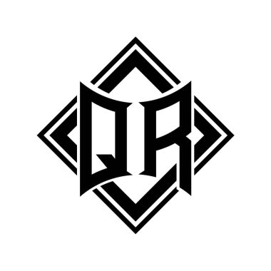 Beyaz arkaplan şablonu üzerinde kare siyah ana hatlı soyut kalkan şekilli QR Harf logosu
