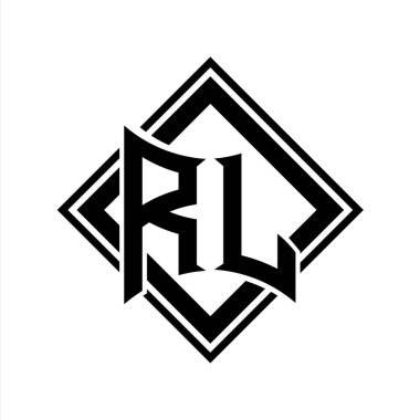 Beyaz arkaplan şablonu üzerinde kare siyah ana hatlı soyut kalkan şekilli RL Harf logosu