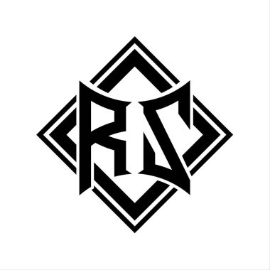 Beyaz arkaplan şablonu üzerinde kare siyah ana hatlı soyut kalkan şekilli RZ Harf logosu