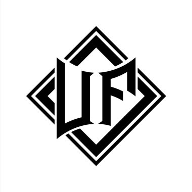 Beyaz arkaplan şablonu üzerinde kare siyah ana hatlı soyut kalkan şekilli UF Harf logosu