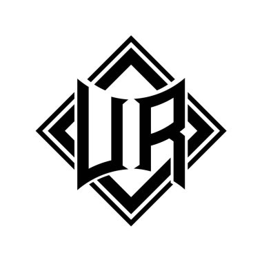 UR Harf logosu soyut kalkan şekli ile beyaz arkaplan şablonu tasarımı üzerinde kare siyah ana hatlı