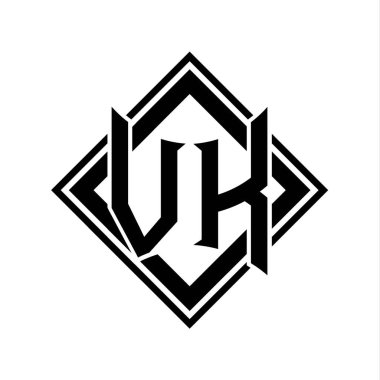 Beyaz arkaplan şablonu üzerinde kare siyah ana hatlı soyut kalkan şekilli VK Letter logosu