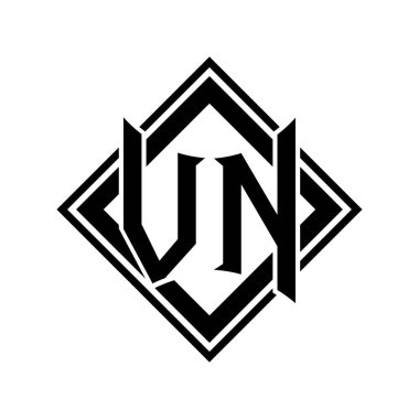 Beyaz arkaplan şablonu üzerinde kare siyah ana hatlı soyut kalkan şekilli VN Harf logosu