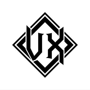 Beyaz arkaplan şablonu üzerinde kare siyah ana hatlı soyut kalkan şekilli VX Harf logosu