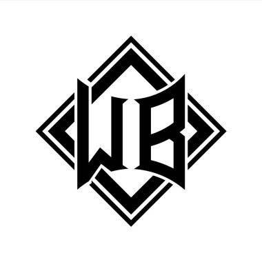Beyaz arkaplan şablonu üzerinde kare siyah ana hatlı soyut kalkan şekilli WB Harf logosu