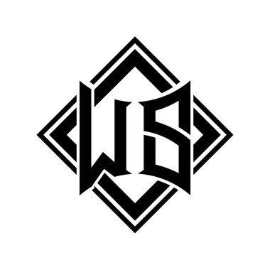 Beyaz arkaplan şablonu üzerinde kare siyah ana hatlı soyut kalkan şekilli WS Letter logosu