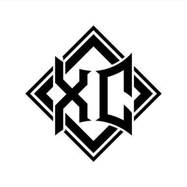 Beyaz arkaplan şablonu üzerinde kare siyah ana hatlı soyut kalkan şekilli XC Harf logosu