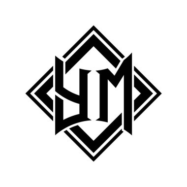 Beyaz arkaplan şablonu üzerinde kare siyah ana hatlı soyut kalkan şekilli YM Harf logosu