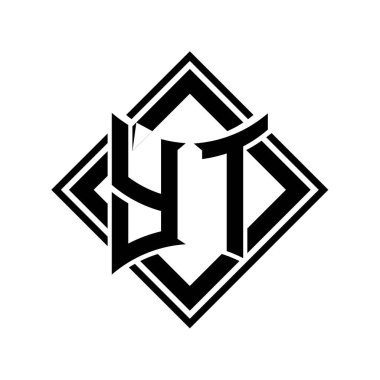 Beyaz arkaplan şablonu üzerinde kare siyah ana hatlı soyut kalkan şekilli YT Letter logosu