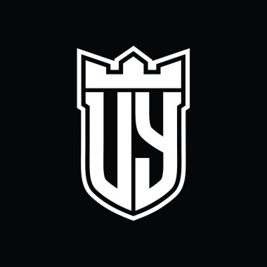 Siyah arkaplan şablonu tasarımı üzerine beyaz çizginin içinde geometrik taç içeren UY Letter logosu