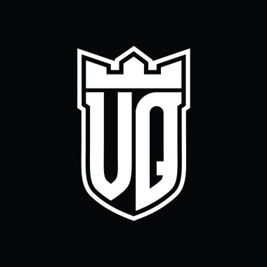 Siyah arkaplan şablonu tasarımı üzerine beyaz çizginin içinde geometrik taç ile kalkan şekilli VQ Harfleri logosu