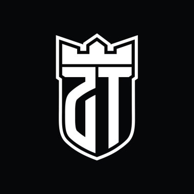 Siyah arkaplan şablonu tasarımı üzerine beyaz çizginin içinde geometrik taç ile kalkan şekilli ZT Letter logosu