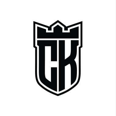 CK Harfi logosu, beyaz arkaplan şablonu üzerinde siyah ana hatlı geometrik taç ile birlikte.