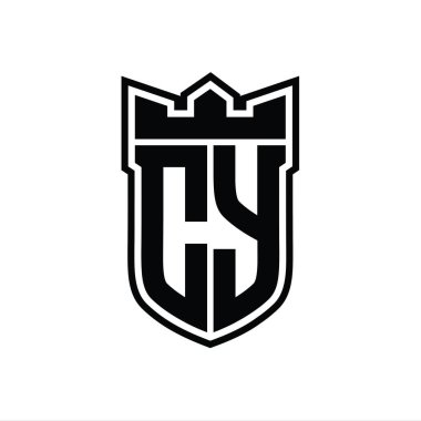 Beyaz arkaplan şablonu üzerinde siyah çizginin içinde geometrik taç ile CY Letter logosu