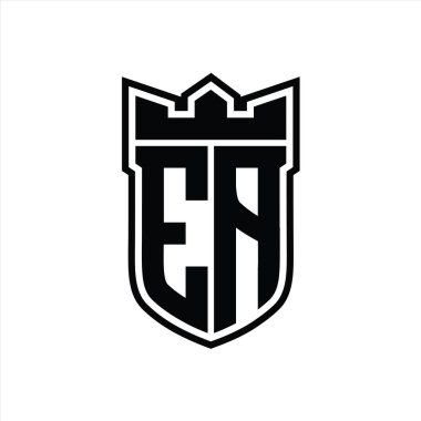 EA Letter logo with shield shape with geometric crown inside black outline on white background template design