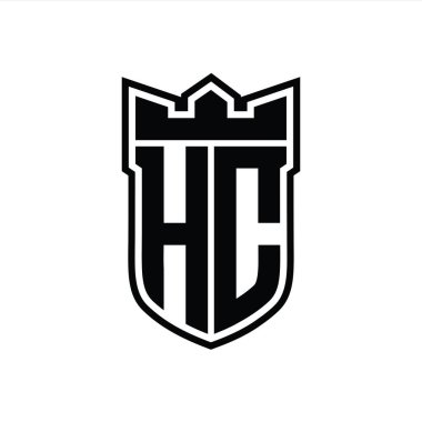 Beyaz arkaplan şablonu tasarımı üzerinde siyah çizginin içinde geometrik taç ile HC Letter logosu
