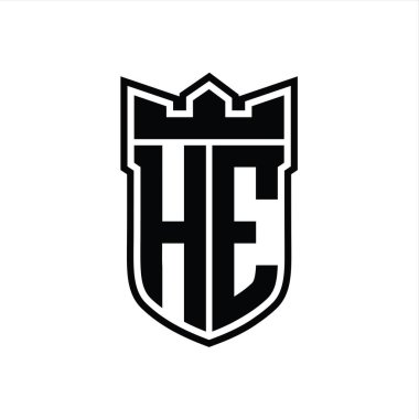Beyaz arka plan şablonu üzerinde siyah ana hatlı geometrik taç ile He Harfi logosu