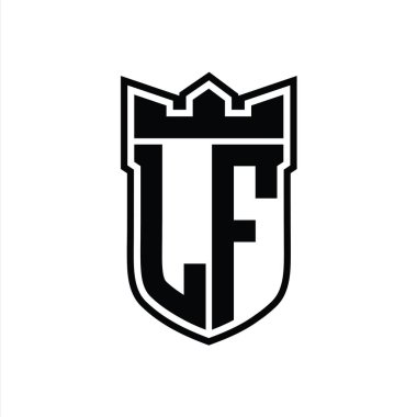 LF Harf logosu, beyaz arkaplan şablonu tasarımı üzerinde siyah çizginin içinde geometrik taç ile birlikte.