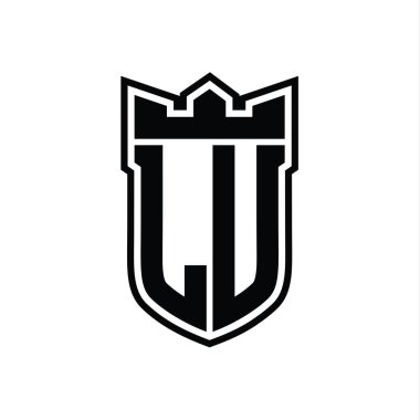 LU Letter logosu, beyaz arkaplan şablonu üzerinde siyah çizginin içinde geometrik taç ile birlikte.