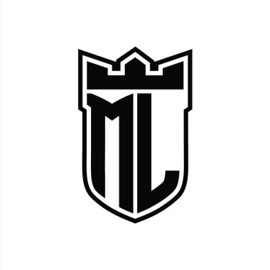 Beyaz arkaplan şablonu tasarımı üzerinde siyah çizginin içinde geometrik taç içeren ML Letter logosu