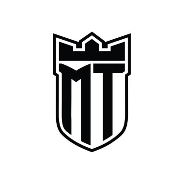 MT Letter logosu, beyaz arkaplan şablonu üzerinde siyah çizginin içinde geometrik taç ile birlikte.