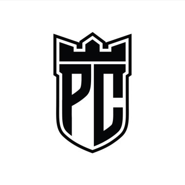 Beyaz arkaplan şablonu üzerinde siyah çizginin içinde geometrik taç ile kalkan şekilli PC Letter logosu