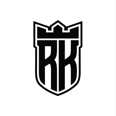 RK Harf logosu, beyaz arkaplan şablonu tasarımı üzerinde siyah çizginin içinde geometrik taç ile birlikte.