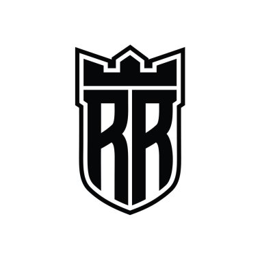 RR Letter logosu, beyaz arkaplan şablonu üzerinde siyah çizginin içinde geometrik taç ile birlikte.