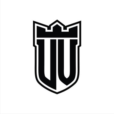 Beyaz arkaplan şablonu tasarımı üzerinde siyah çizginin içinde geometrik taç içeren UV Letter logosu