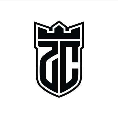 ZC Harf logosu, beyaz arkaplan şablonu üzerinde siyah çizginin içinde geometrik taç ile birlikte.