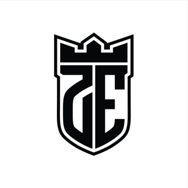 ZE Harf logosu, beyaz arkaplan şablonu tasarımında siyah çizginin içinde geometrik taç ile birlikte.