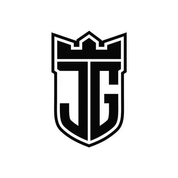 stock image JG Letter logo with shield shape with geometric crown inside black outline on white background template design