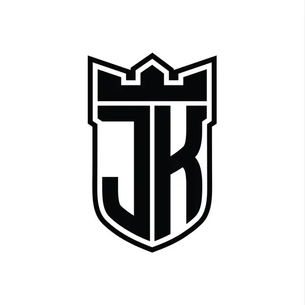 stock image JK Letter logo with shield shape with geometric crown inside black outline on white background template design